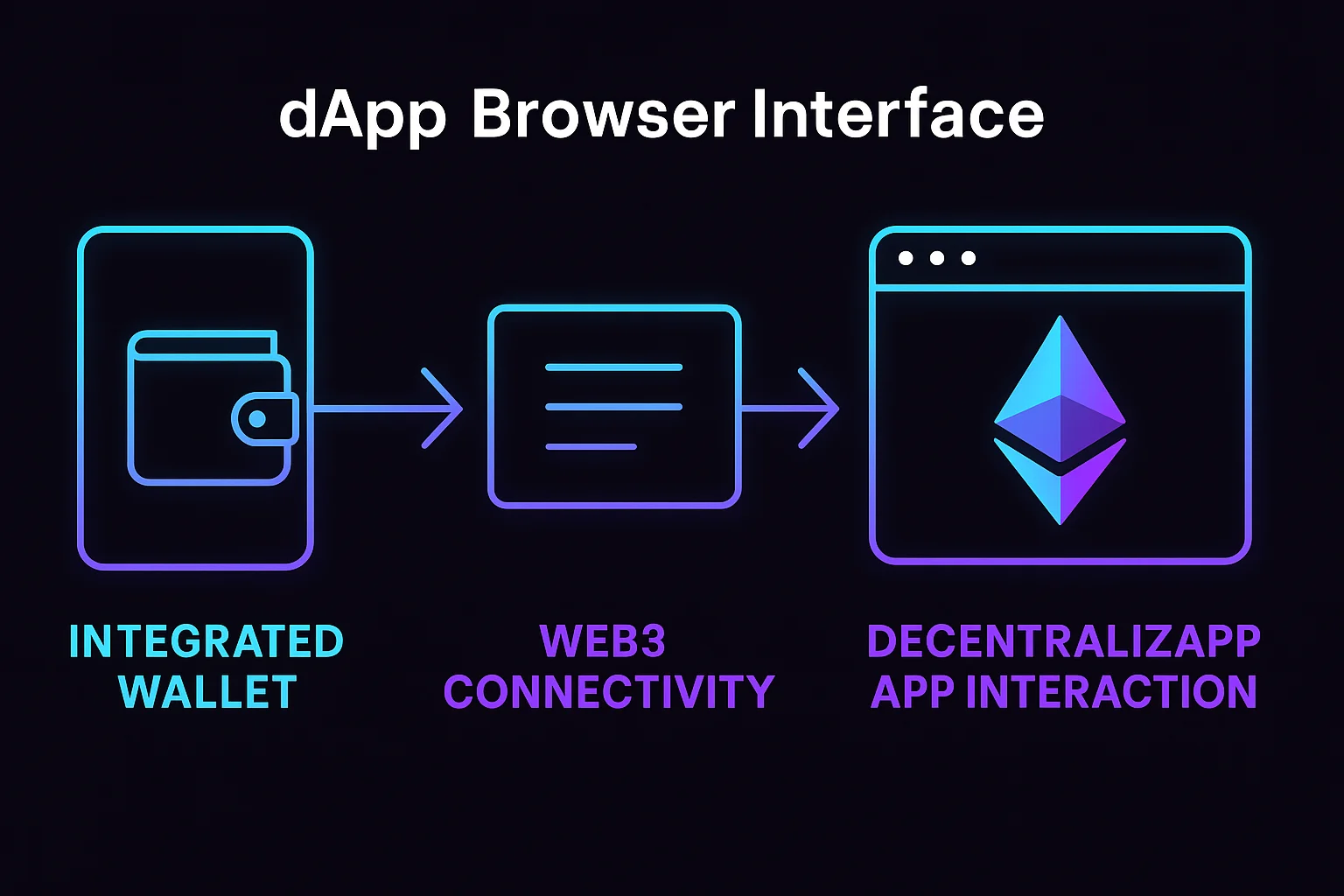 dApp browser interface showing integrated wallet, Web3 connectivity, transaction signing, and decentralized app interaction