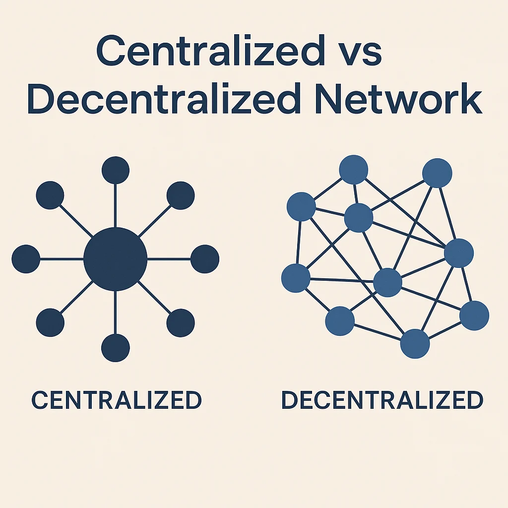 Infographic comparing centralized hub-and-spoke topology with a distributed mesh of interconnected nodes to illustrate decentralization