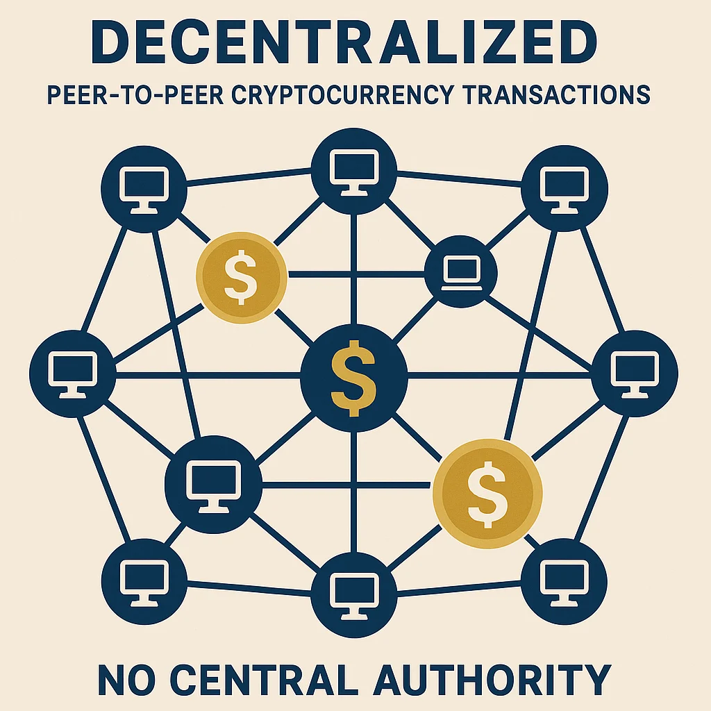 Diagram showing peer-to-peer cryptocurrency transactions in a decentralized network with no central authority