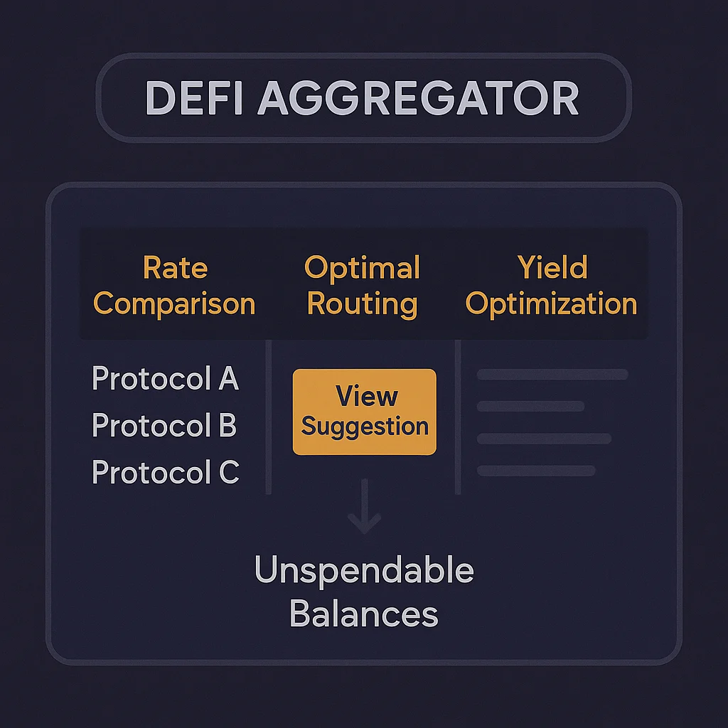 DeFi aggregator dashboard displaying rate comparisons, optimal routing suggestions, and yield optimization strategies across multiple protocols.