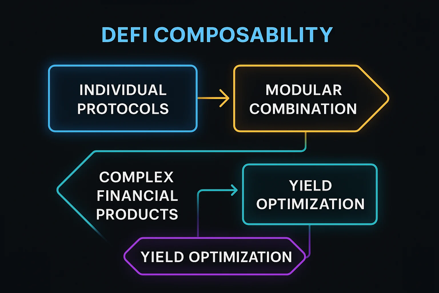 DeFi composability diagram showing individual protocols, modular combination, complex financial products, and yield optimization