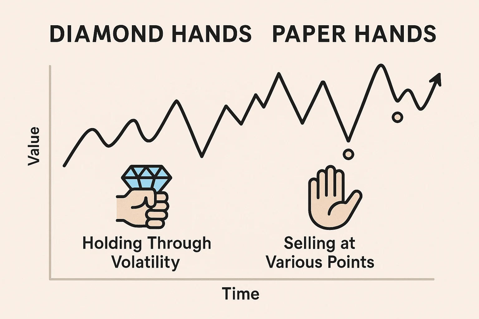 Infographic comparing Diamond Hands and Paper Hands, showing how long-term holders stay through volatility while others sell during market swings