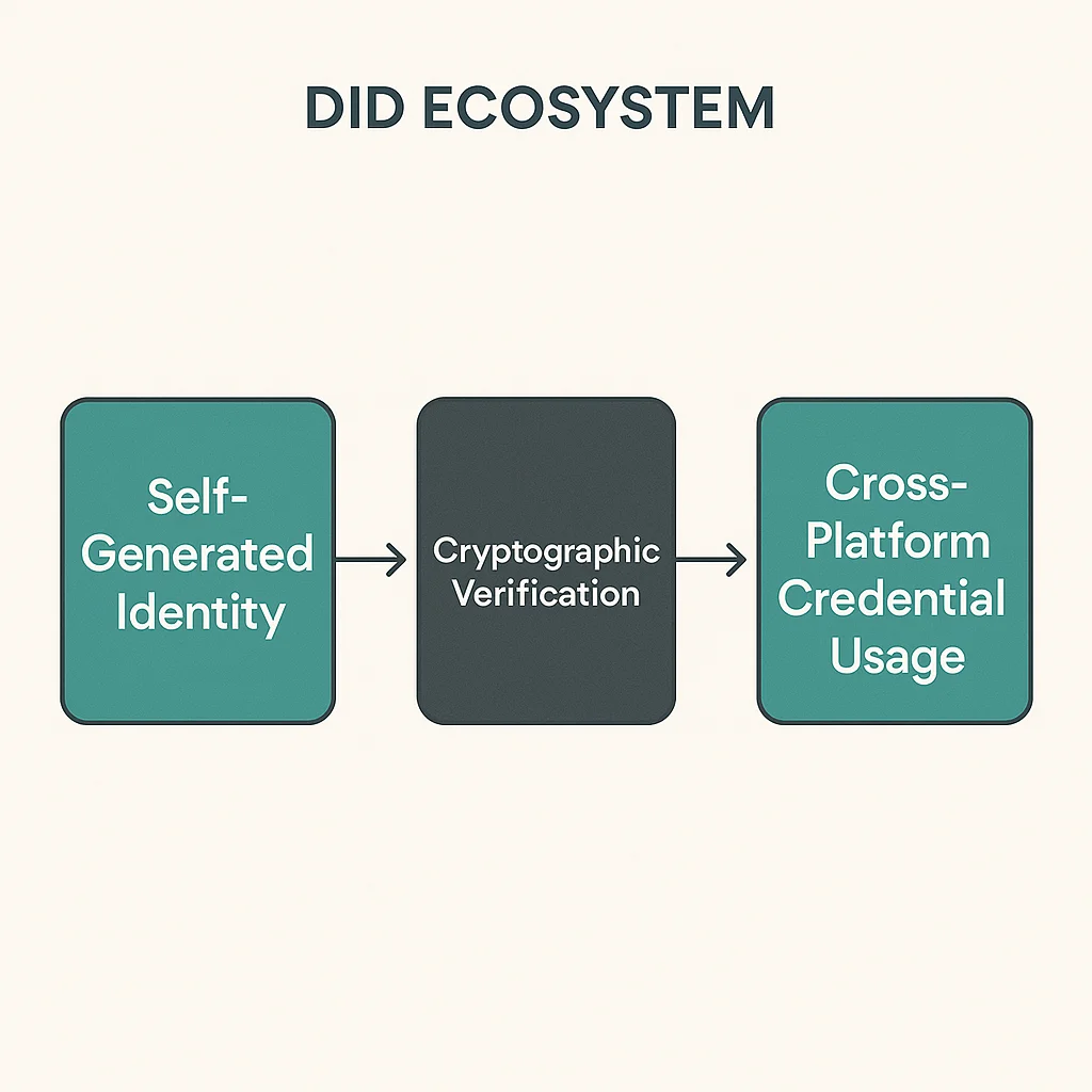 DID ecosystem diagram showing self-generated identity, cryptographic verification, and cross-platform credential usage in a decentralized framework.