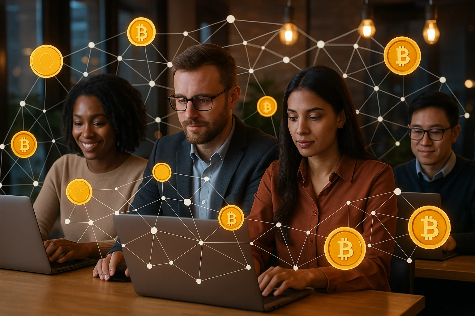 Diverse team working on laptops in a modern office with floating cryptocurrency icons and blockchain graphics