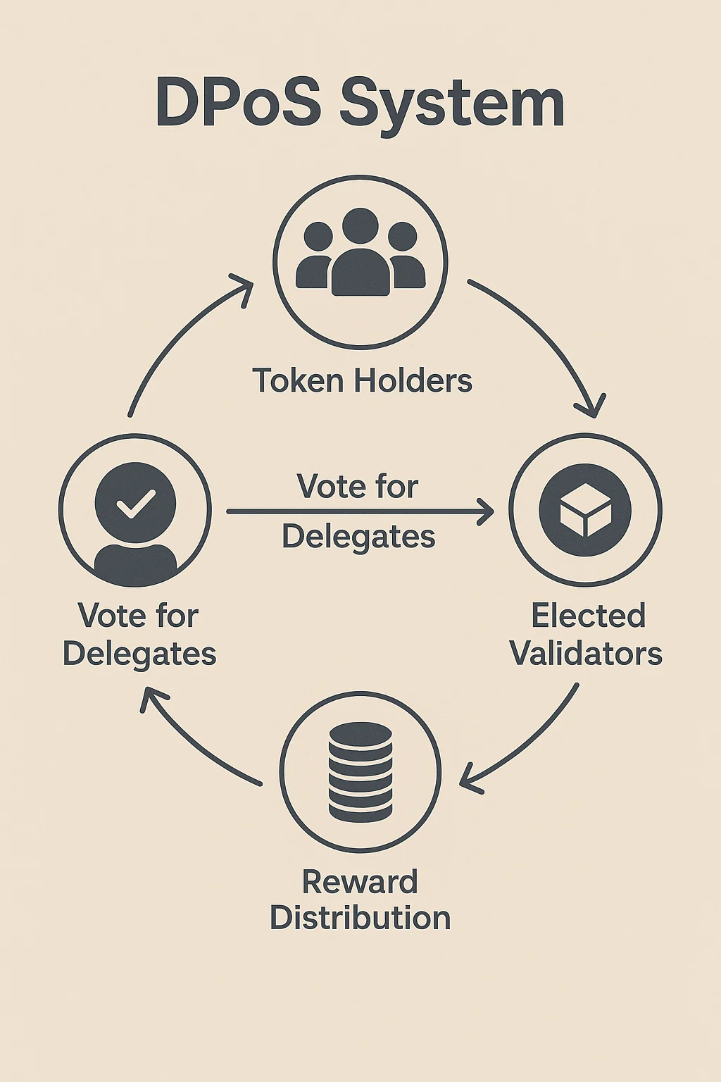 Infographic showing how Delegated Proof of Stake works, with token holders voting for delegates who become validators, produce blocks, and distribute rewards