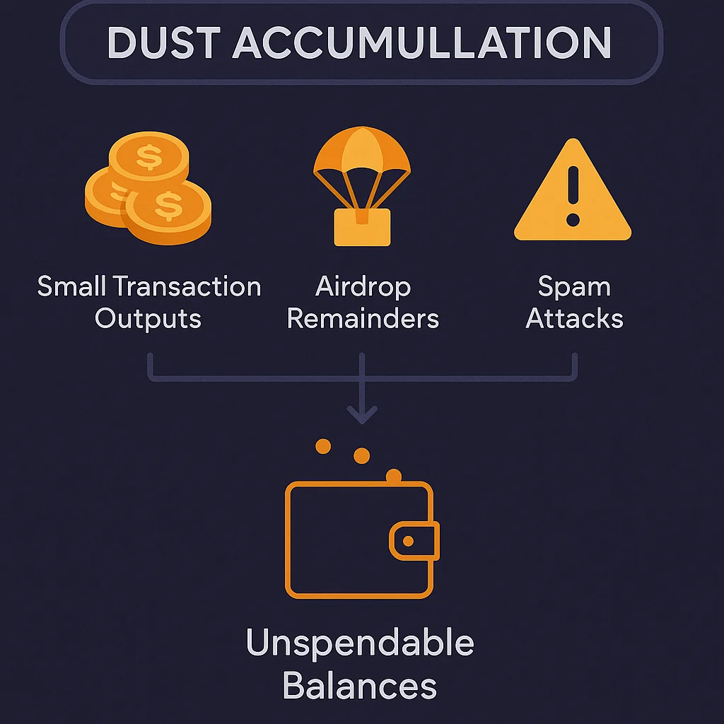 Dust accumulation diagram showing how small transaction outputs, airdrop remainders, and spam attacks lead to unspendable balances in crypto wallets.