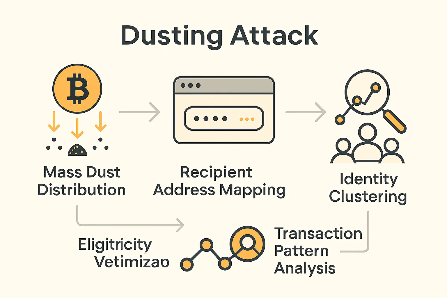 Infographic showing the dusting attack process: mass dust distribution, recipient address mapping, transaction pattern analysis, and identity clustering