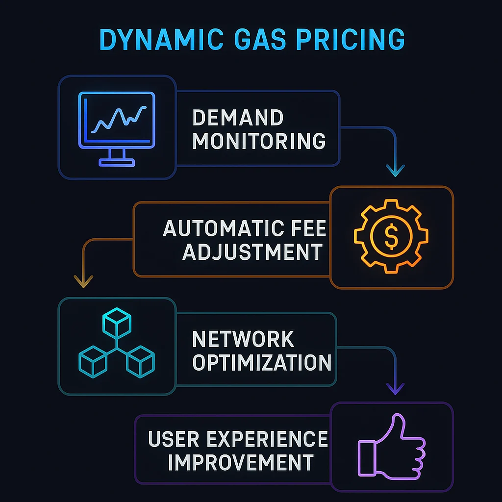Dynamic gas pricing diagram showing demand monitoring, automatic fee adjustment, network optimization, and user experience improvement