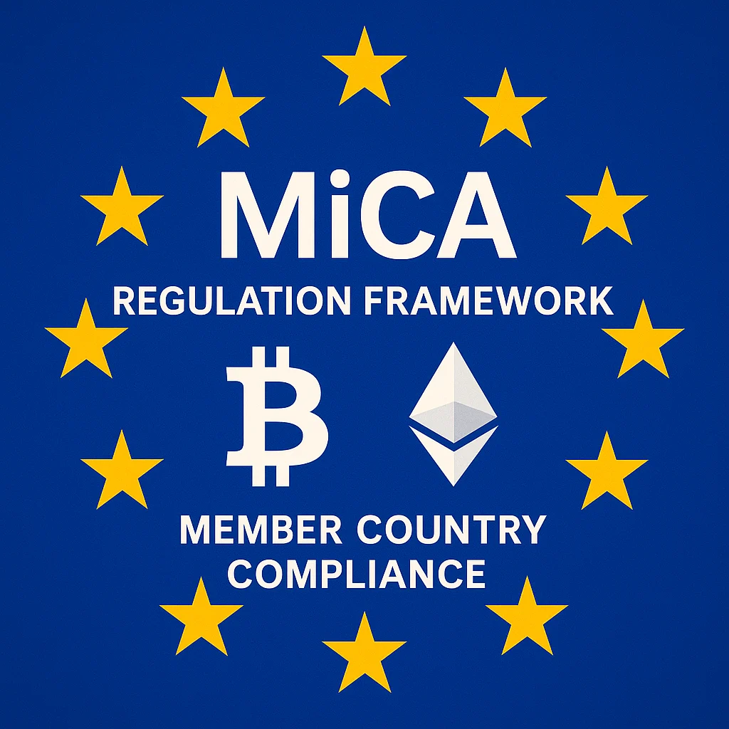 EU flag design with MiCA regulation title and crypto icons for Bitcoin and Ethereum