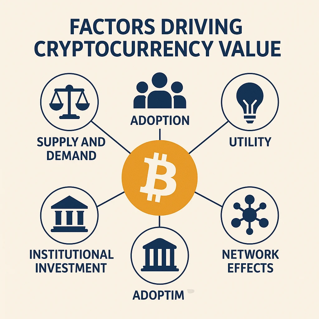 Infographic showing factors that influence cryptocurrency value including supply and demand, adoption, utility, network effects, and institutional investment