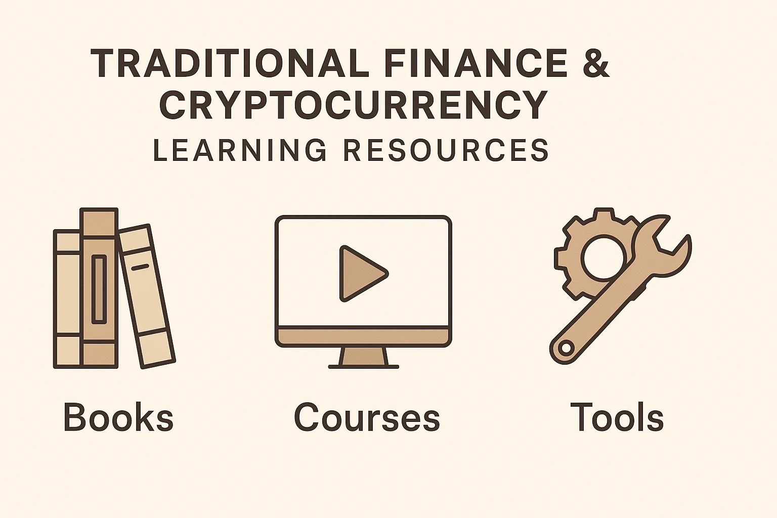 Icons representing books, courses, and tools for learning traditional finance and cryptocurrency