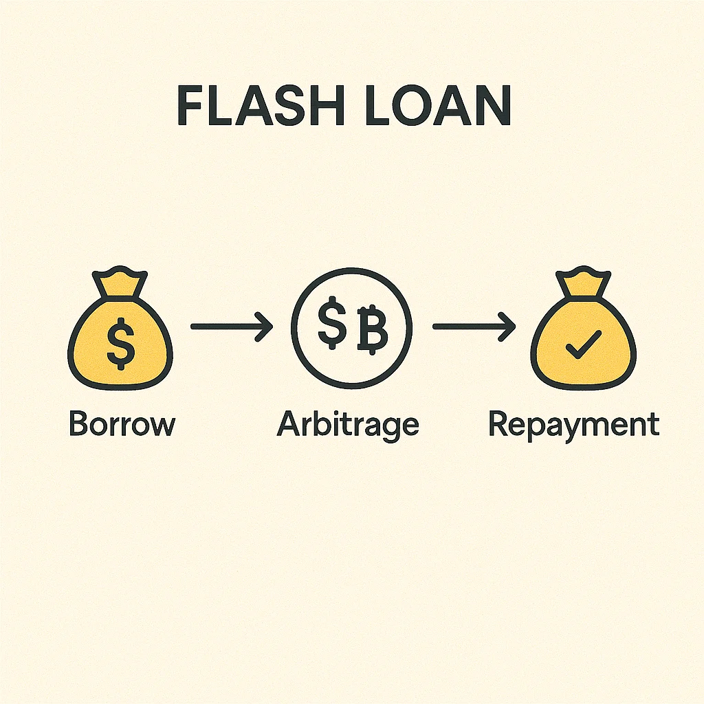 Infographic showing flash loan process with steps: borrow, arbitrage trade, and repayment—all within one atomic transaction