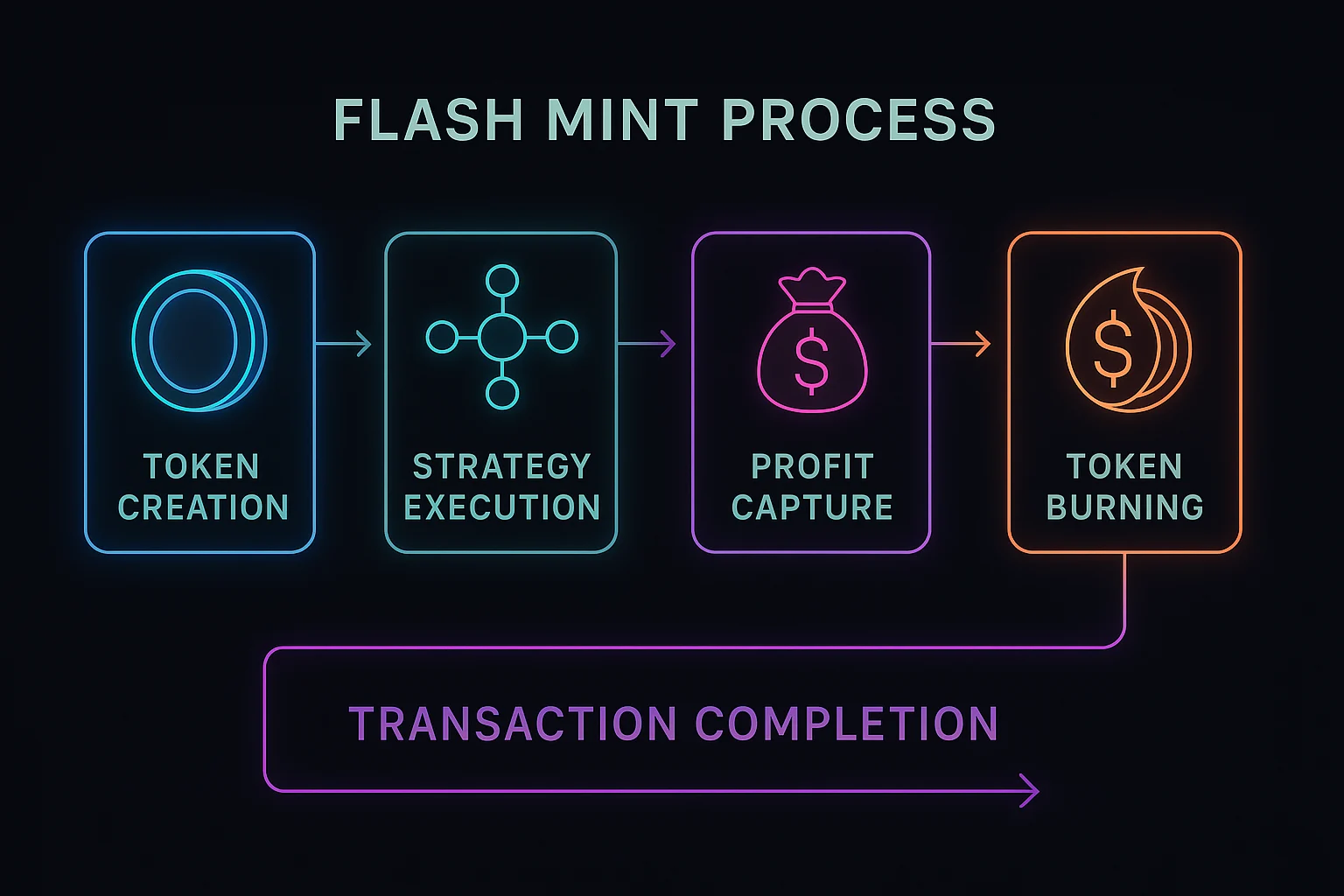 Flash mint process showing token creation, strategy execution, profit capture, token burning, and transaction completion