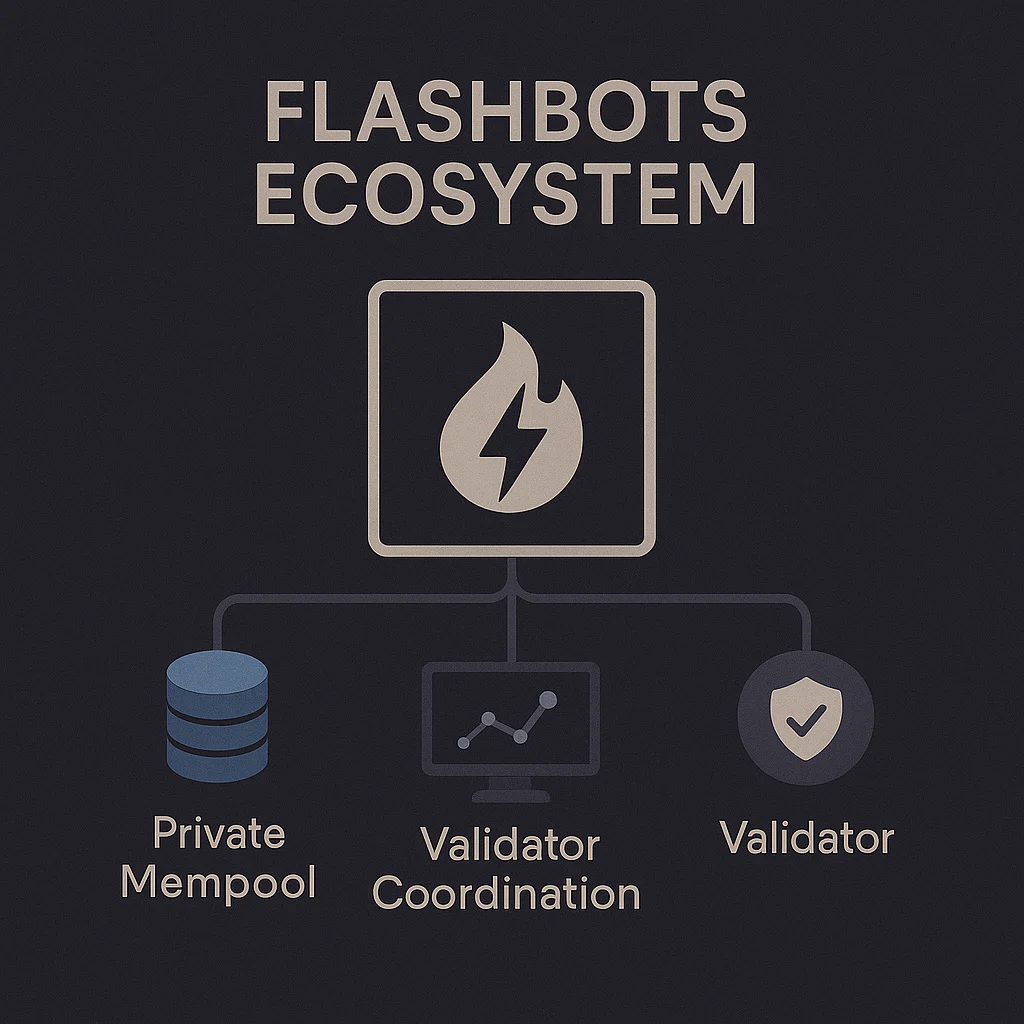 Flashbots ecosystem diagram showing private mempool, validator coordination, MEV protection, and research components.