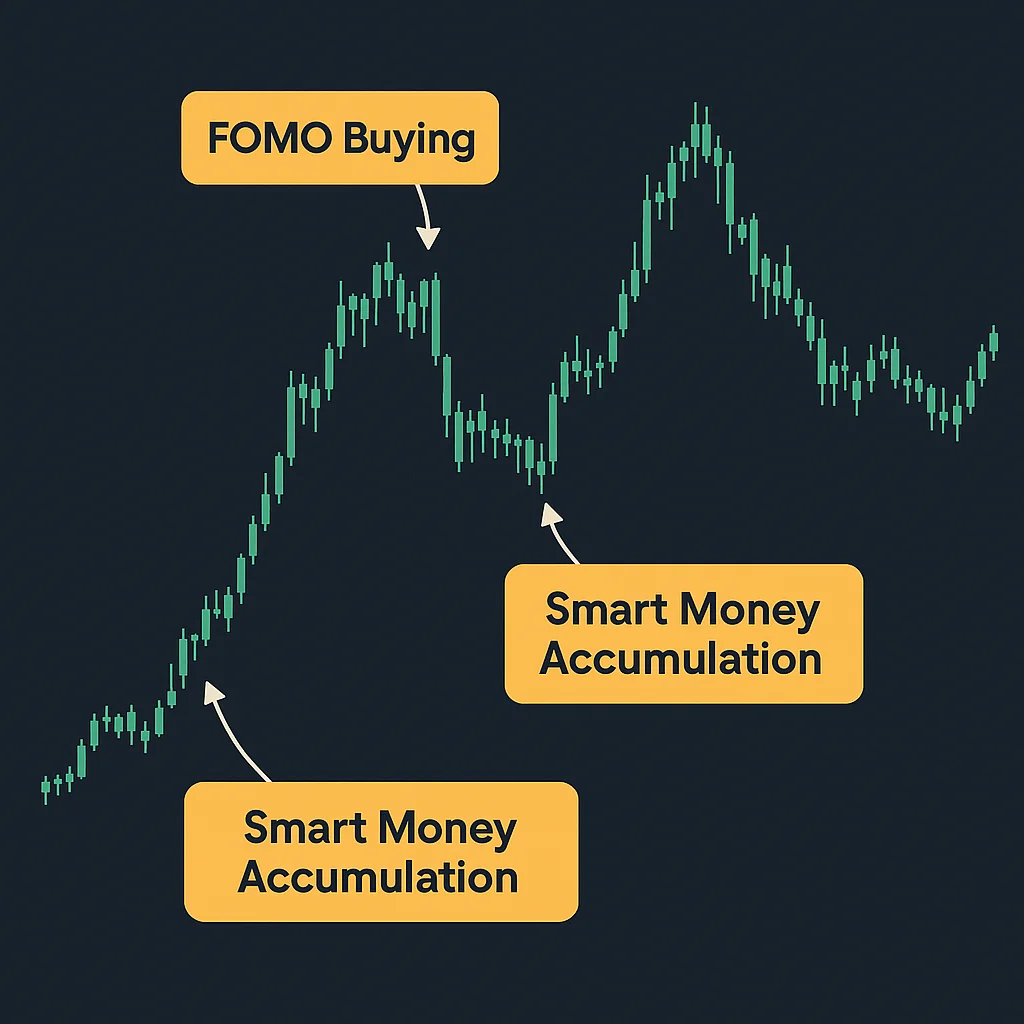 Price chart showing FOMO buying at peaks and smart money accumulation during dips