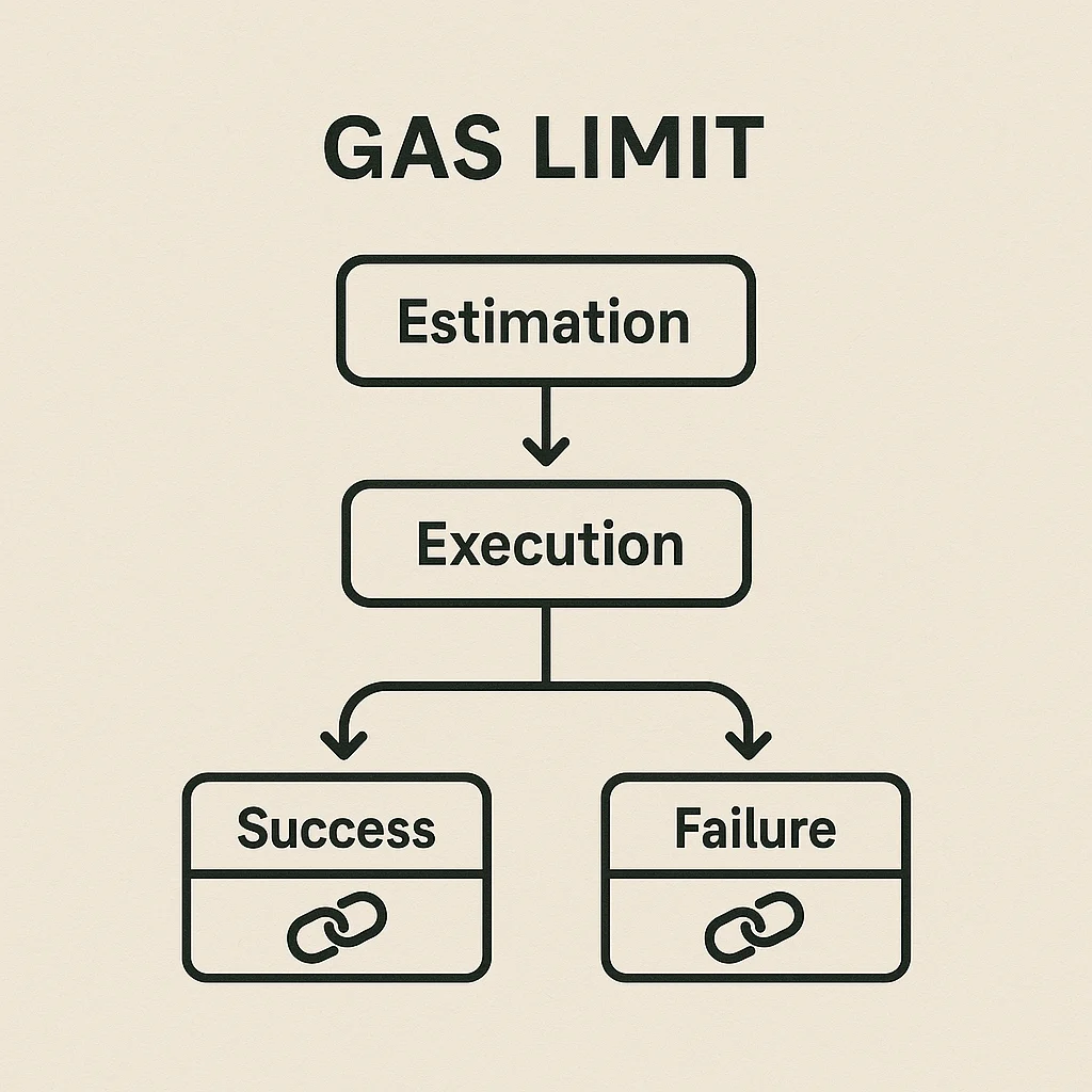 Infographic showing gas limit transaction flow from estimation to execution and outcome of success or failure