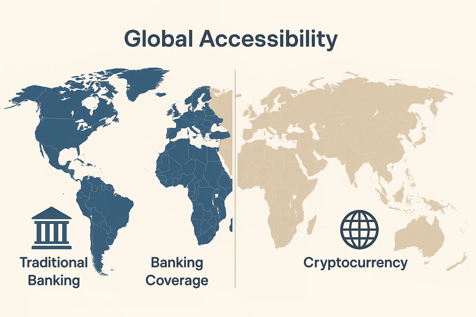 Two world maps comparing traditional banking coverage to global cryptocurrency accessibility via internet