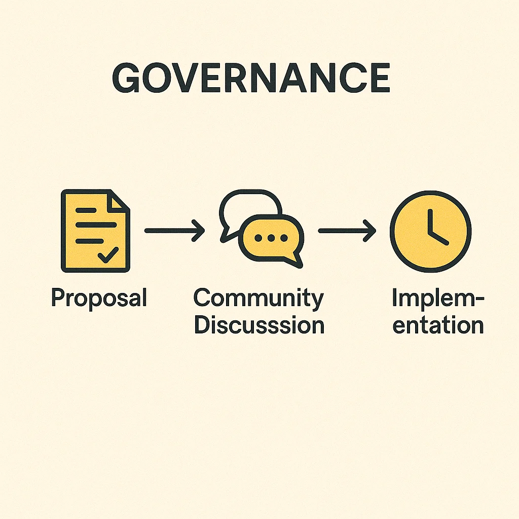 Infographic showing the governance process from proposal to community discussion, token voting, and implementation