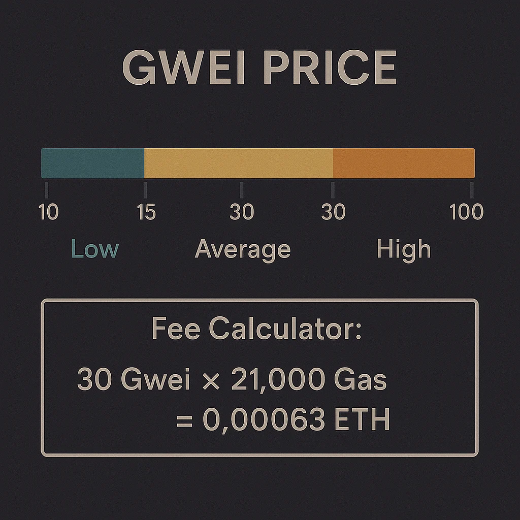 Gwei price chart showing typical low, average, and high ranges during network activity with a sample Ethereum fee calculation.