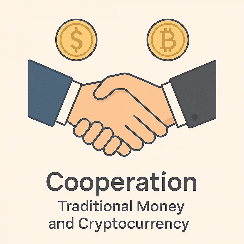 Illustration of handshake between traditional finance and cryptocurrency systems with dollar and bitcoin icons