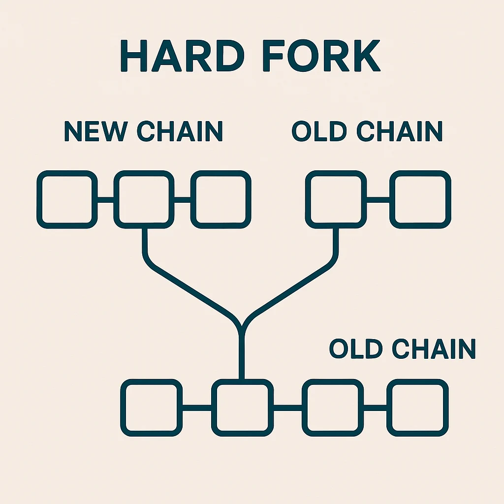 Infographic showing a hard fork with one blockchain splitting into two separate chains labeled "Old Chain" and "New Chain"