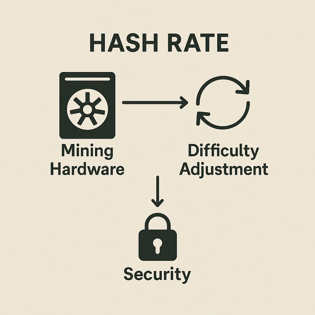 Infographic showing the relationship between mining hardware, difficulty adjustment, and blockchain security in hash rate dynamics