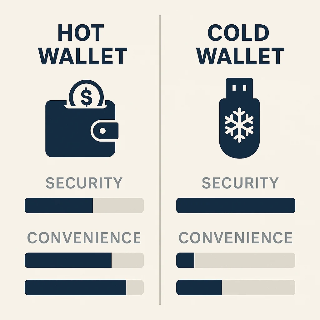 Side-by-side comparison of hot and cold wallets with security and convenience bar ratings