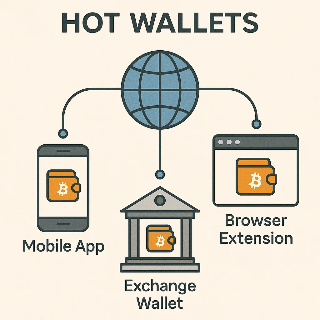 Diagram showing hot wallets like mobile apps, browser extensions, and exchange wallets connected to the internet