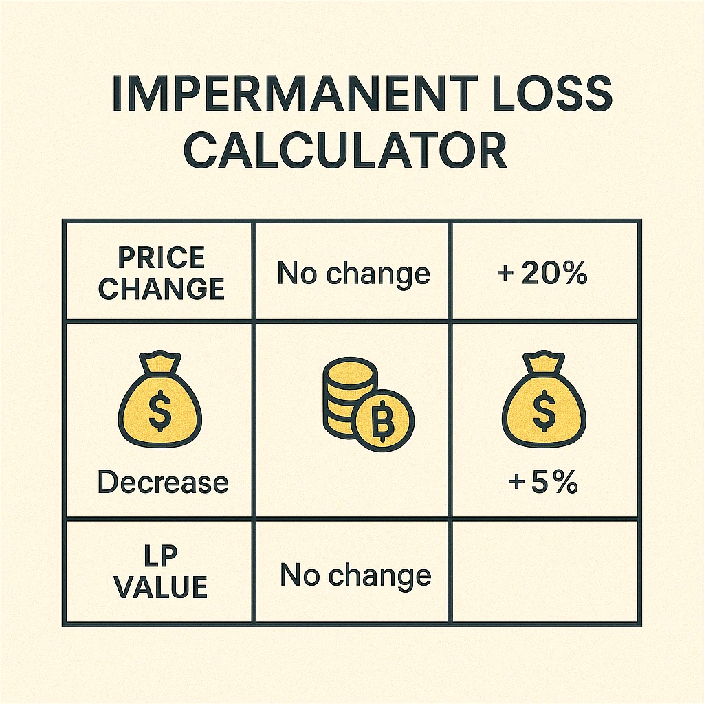 Infographic showing impermanent loss scenarios based on token price changes and their impact on LP value
