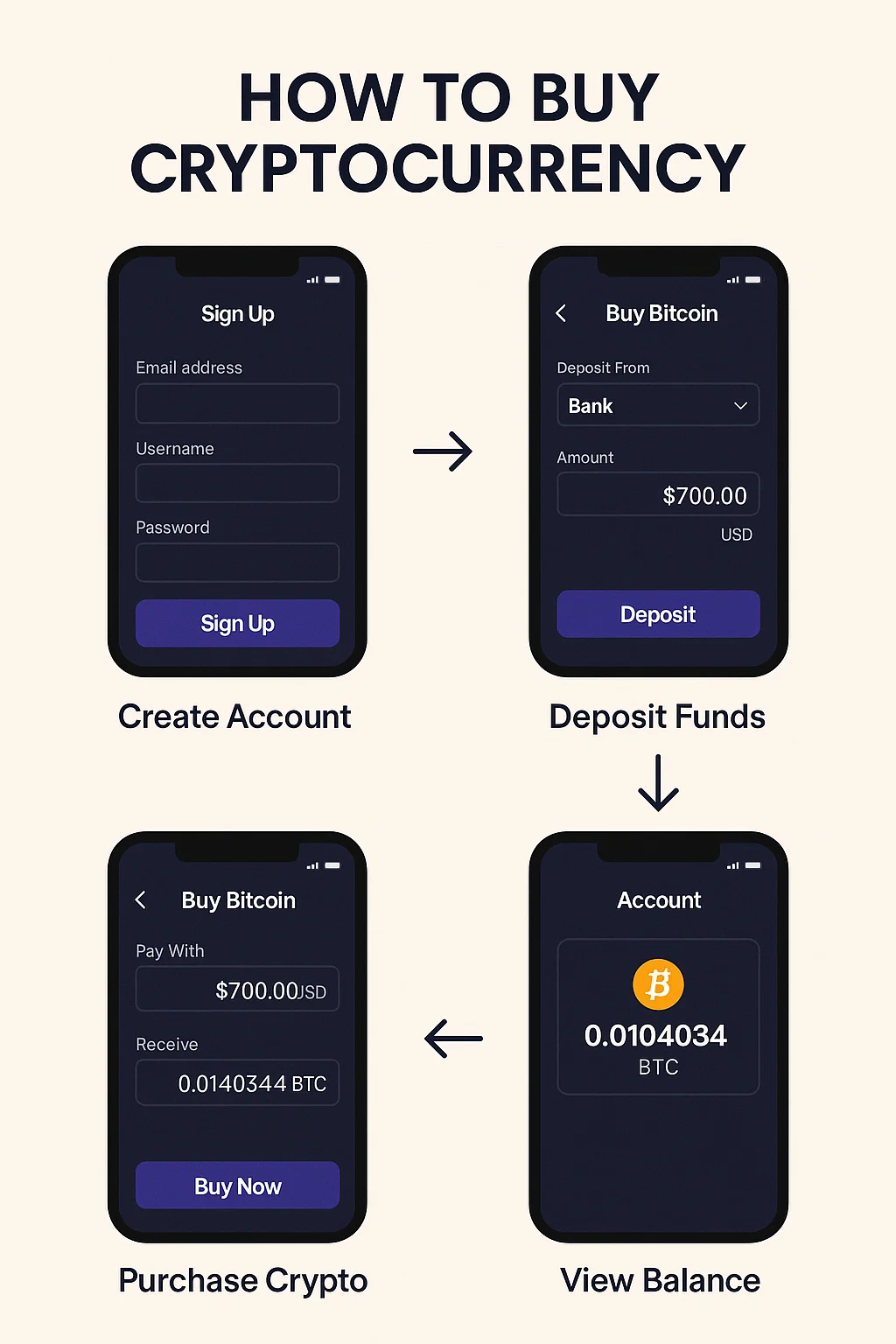 Flowchart showing how to buy cryptocurrency using a Kraken-style app interface with dark theme and purple buttons