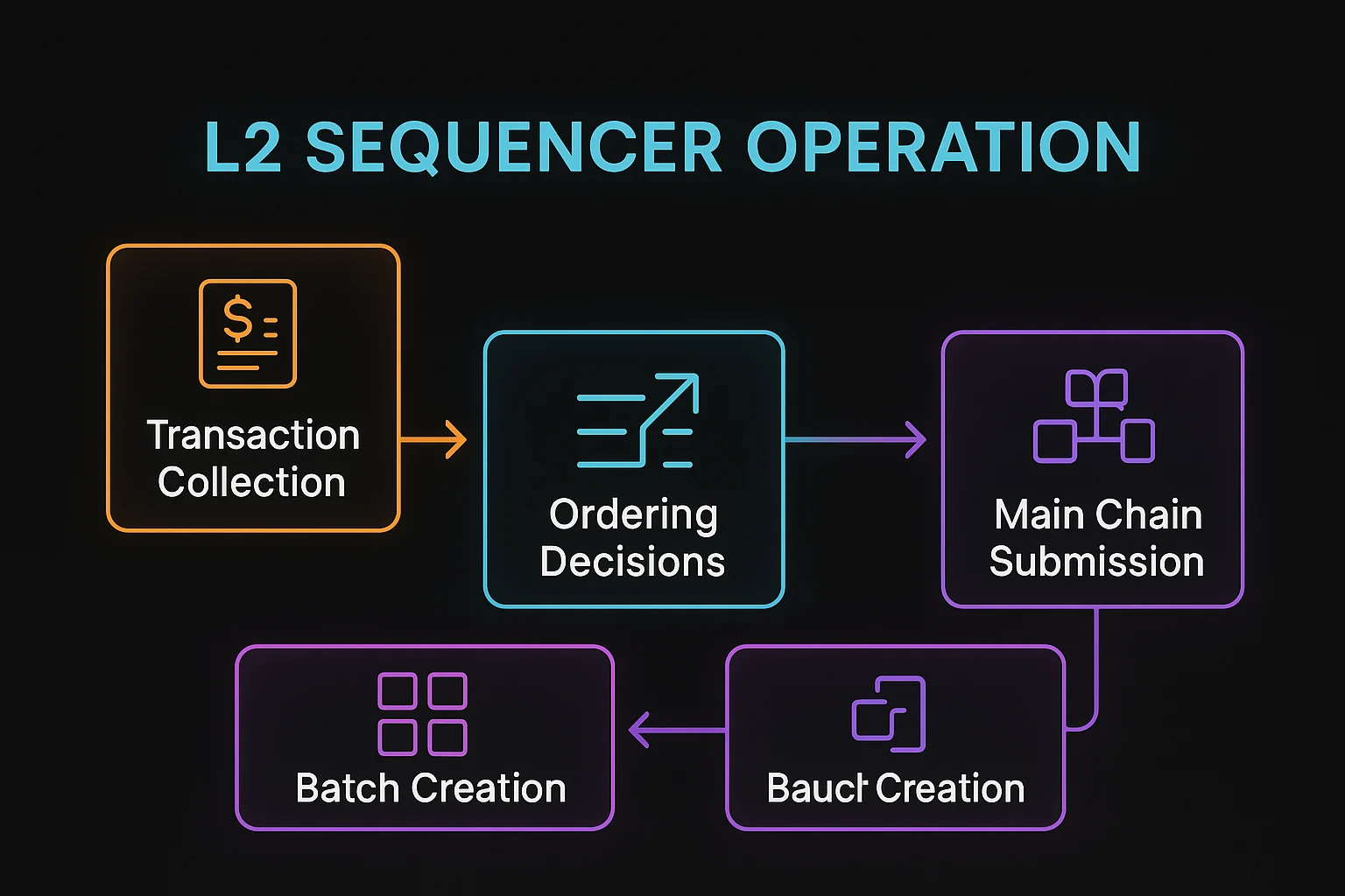 L2 sequencer operation showing transaction collection, ordering decisions, batch creation, and main chain submission