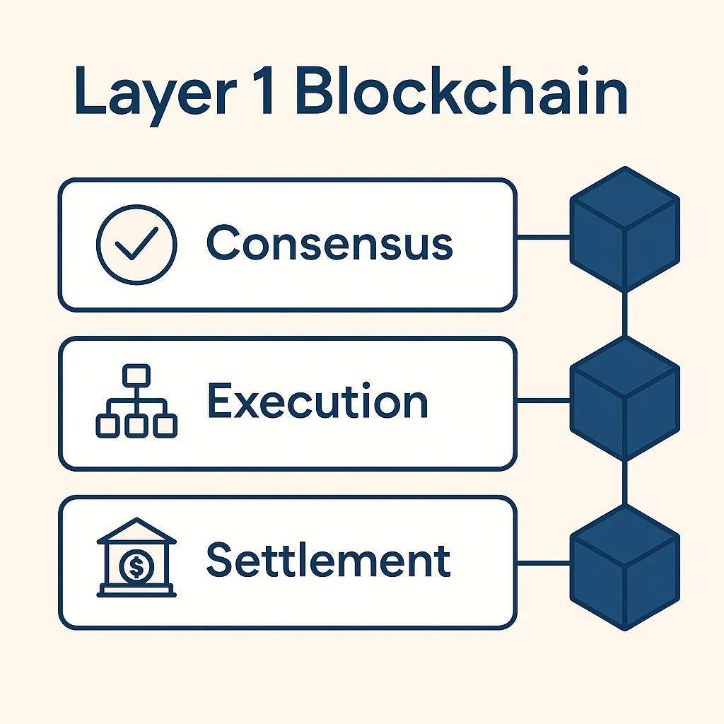 Infographic showing Layer 1 blockchain architecture with consensus, execution, and settlement integrated into a single stack