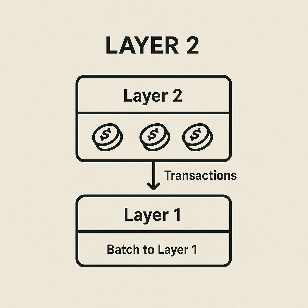 Infographic diagram showing transactions processed on Layer 2 and batched to Layer 1 for final settlement