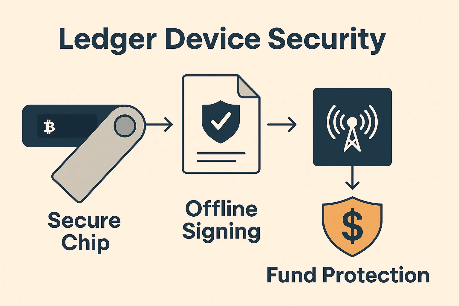 Infographic showing Ledger device flow: secure chip, offline signing, transaction broadcast, and fund protection