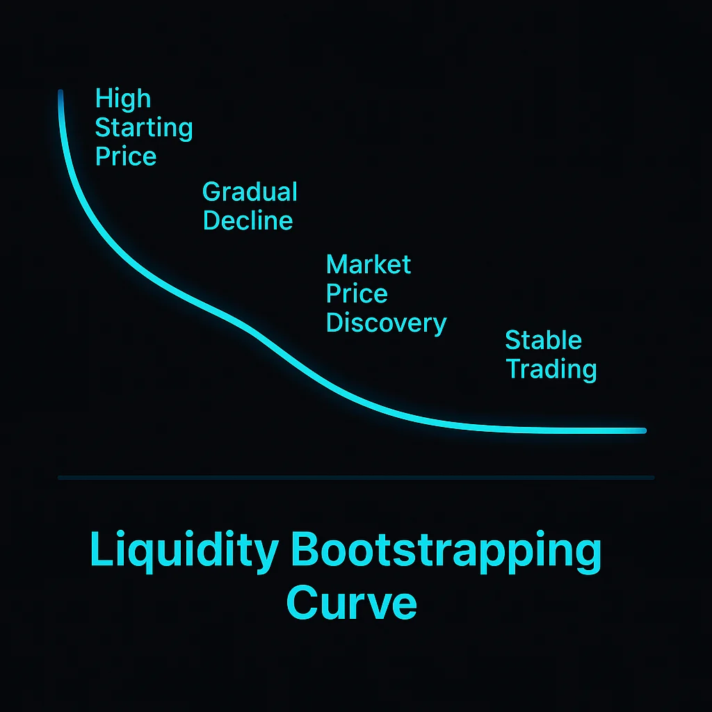 Liquidity bootstrapping curve showing high starting price, gradual decline, market price discovery, and stable trading