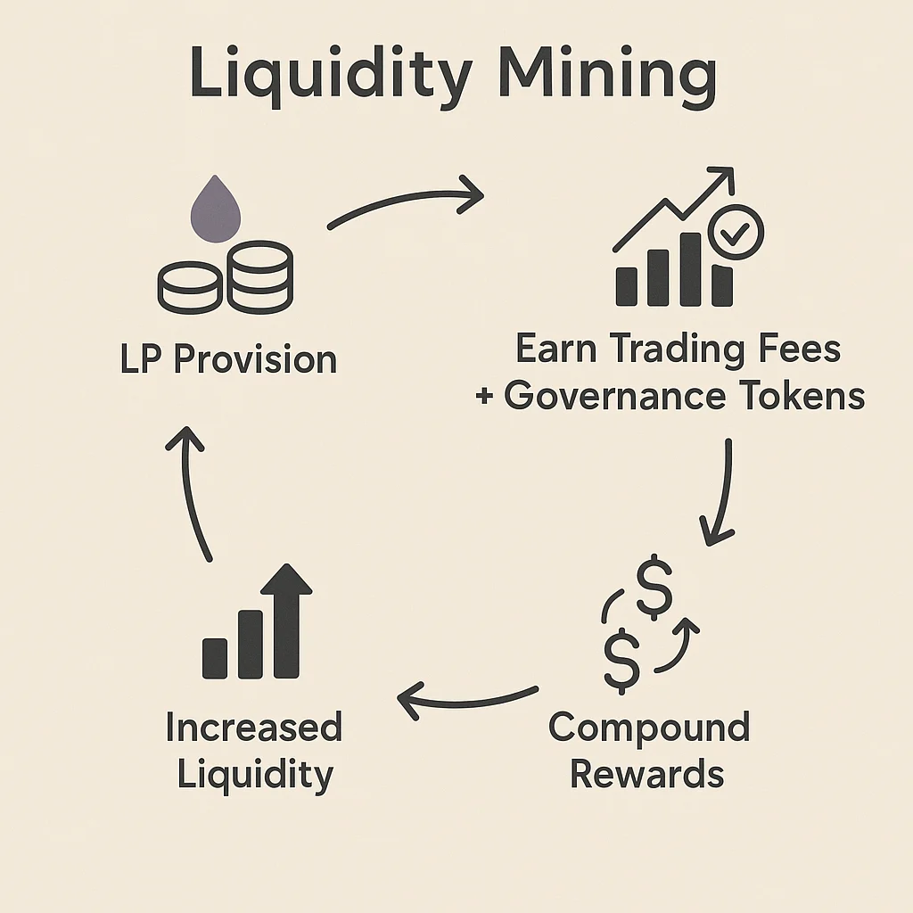 Infographic showing the liquidity mining cycle with steps: LP provision, earning trading fees and governance tokens, compounding rewards, and increasing liquidity