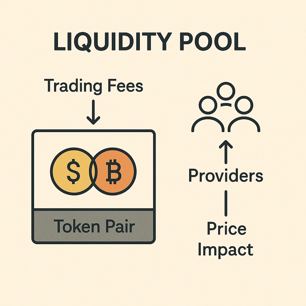 Infographic showing a liquidity pool with token pairs, trading fees flowing to providers, and price impact mechanics