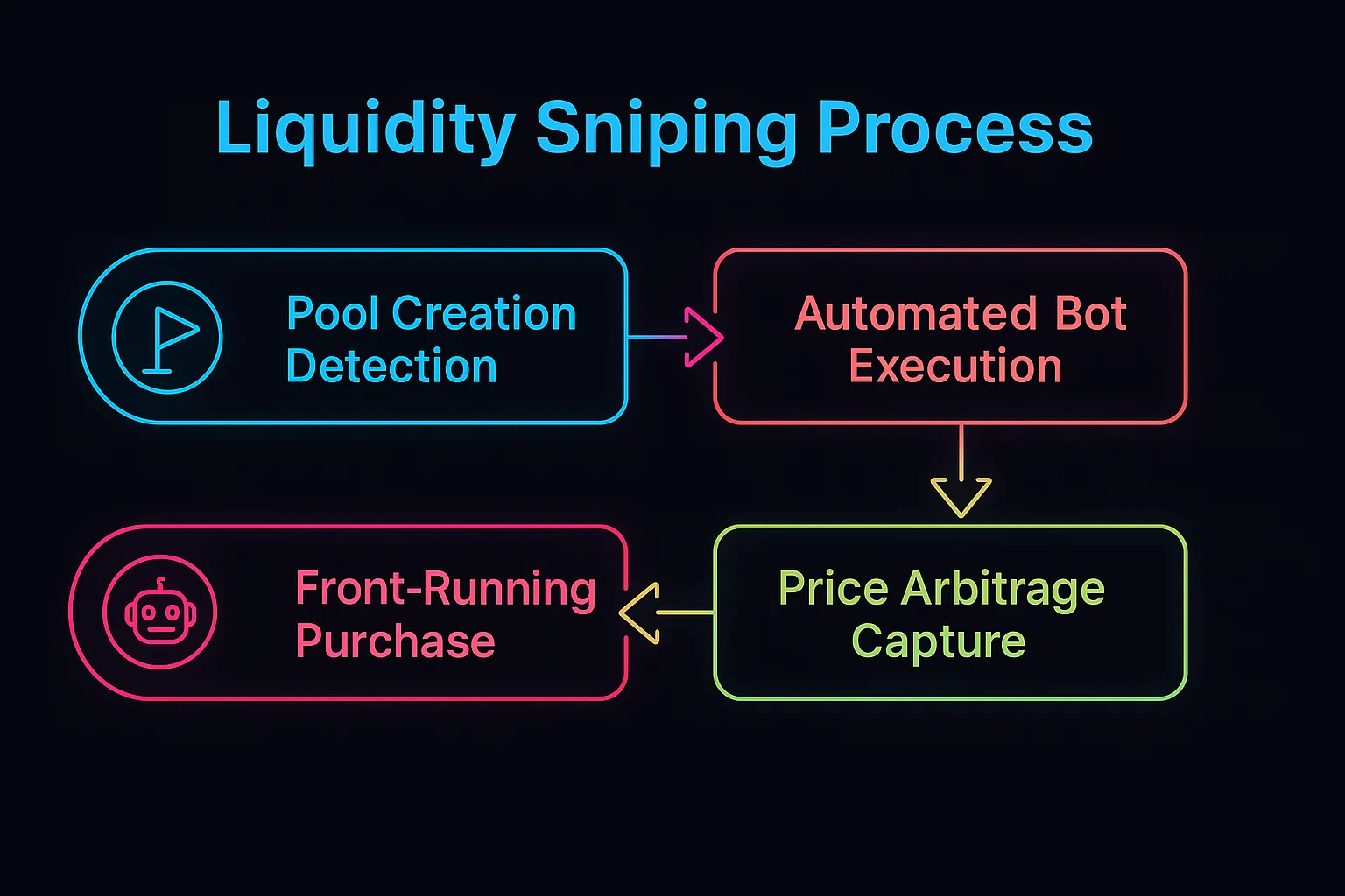 Liquidity sniping flow showing pool creation detection, automated bot execution, front-running purchase, and price arbitrage capture
