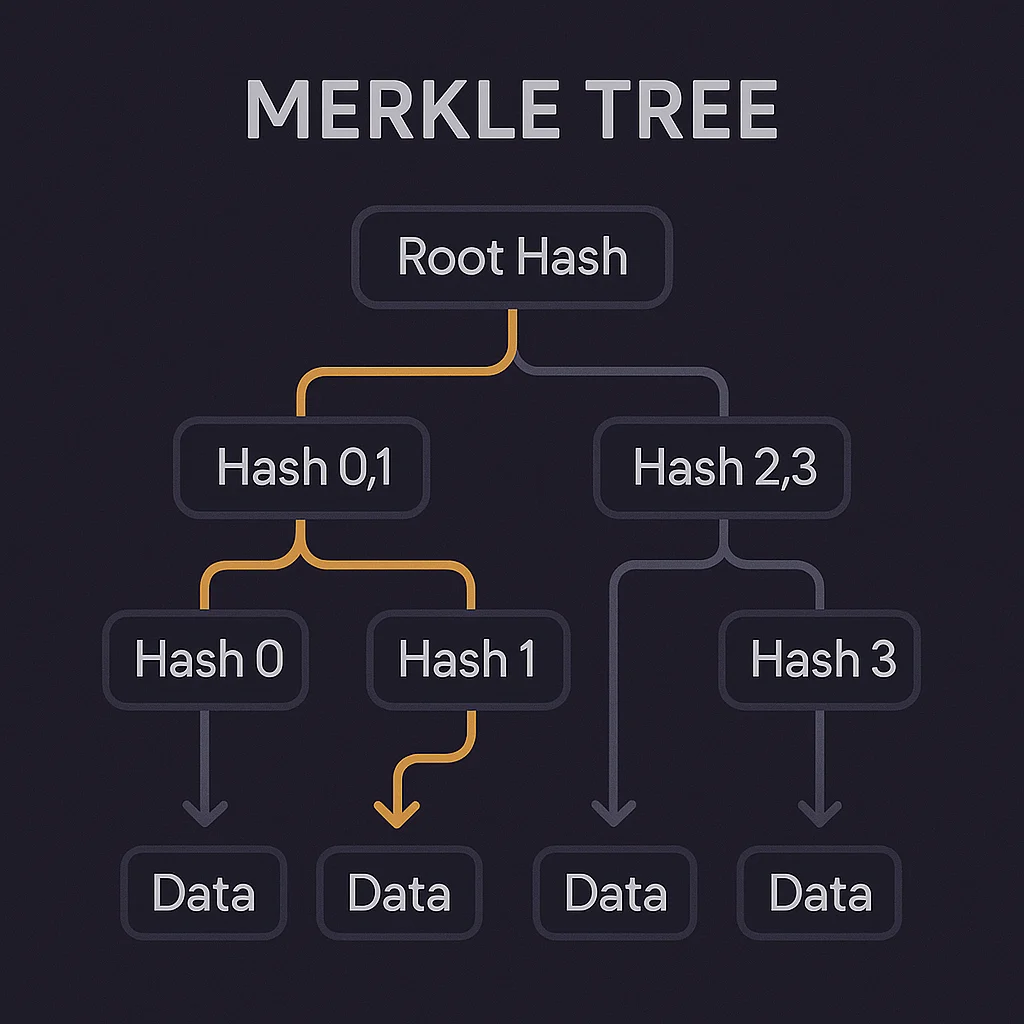 Merkle tree structure showing data blocks at the bottom, combined hashes at each branch, and a root hash at the top with a highlighted path for inclusion proof.