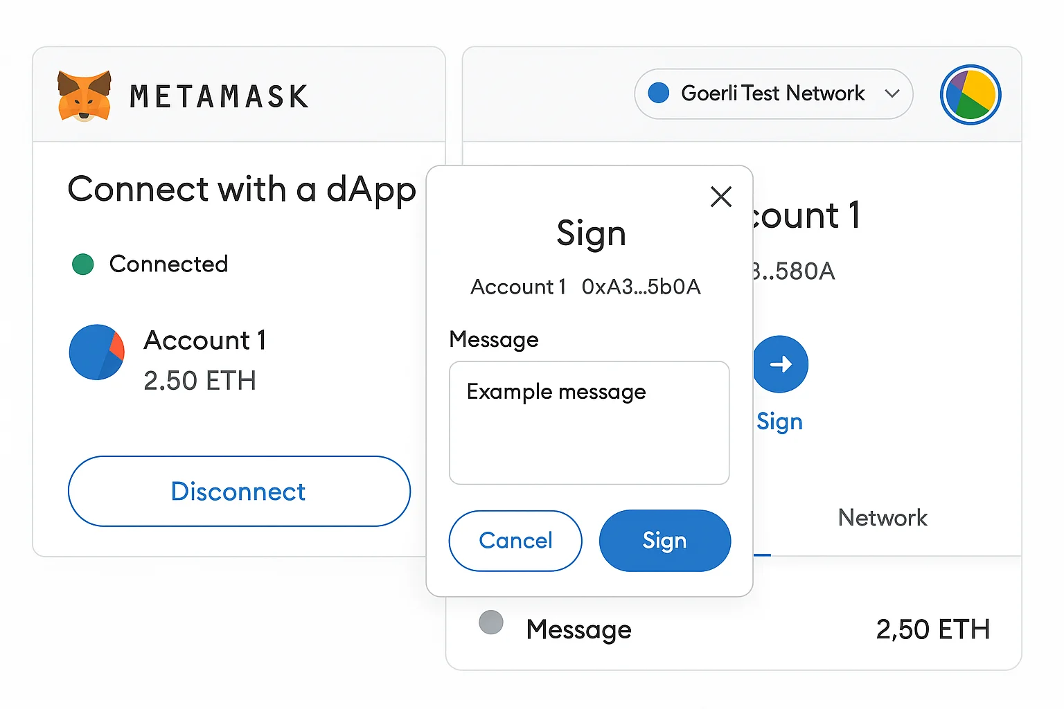 MetaMask interface showing wallet connected to a dApp, transaction signing prompt, and active network selection.