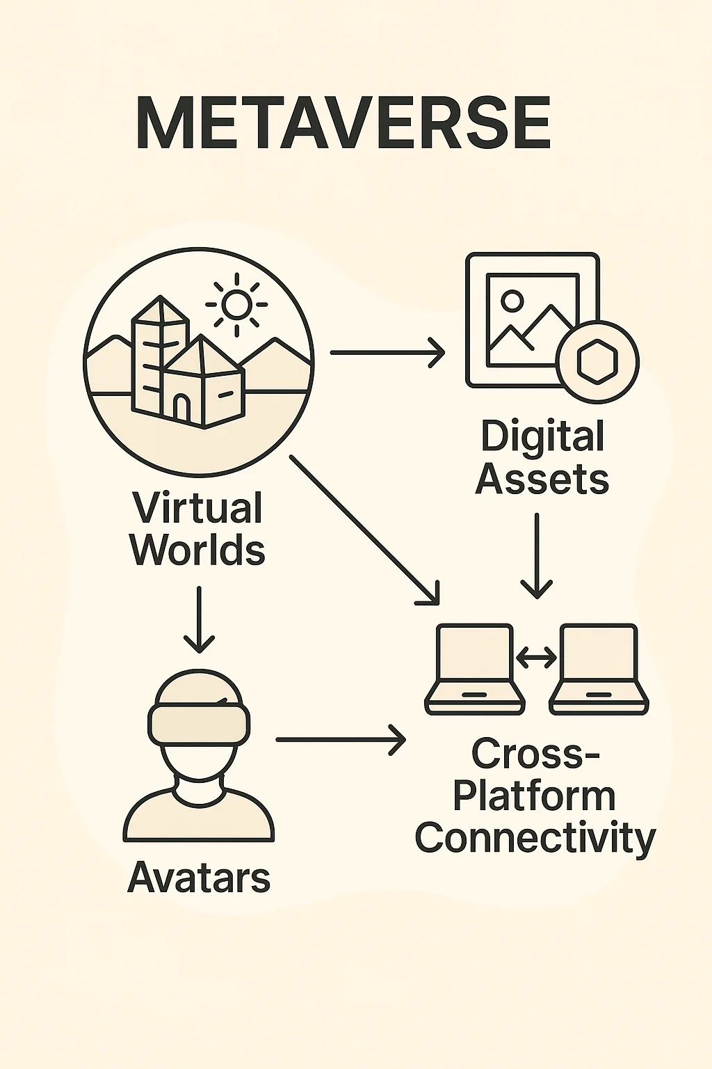 Infographic showing the metaverse ecosystem with elements like virtual worlds, digital assets, avatars, and cross-platform connectivity