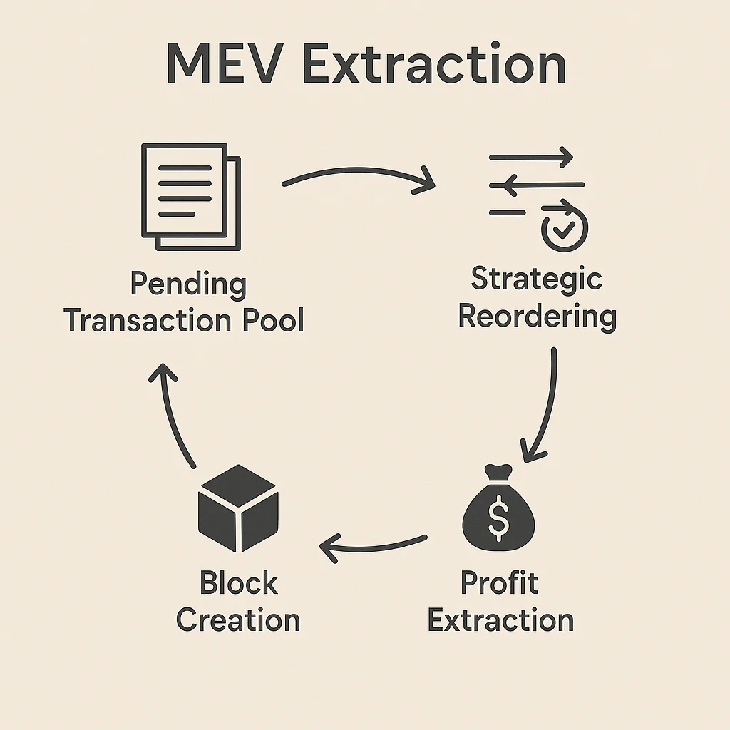 Infographic showing MEV extraction process: pending transaction pool, strategic reordering, profit extraction, and block creation