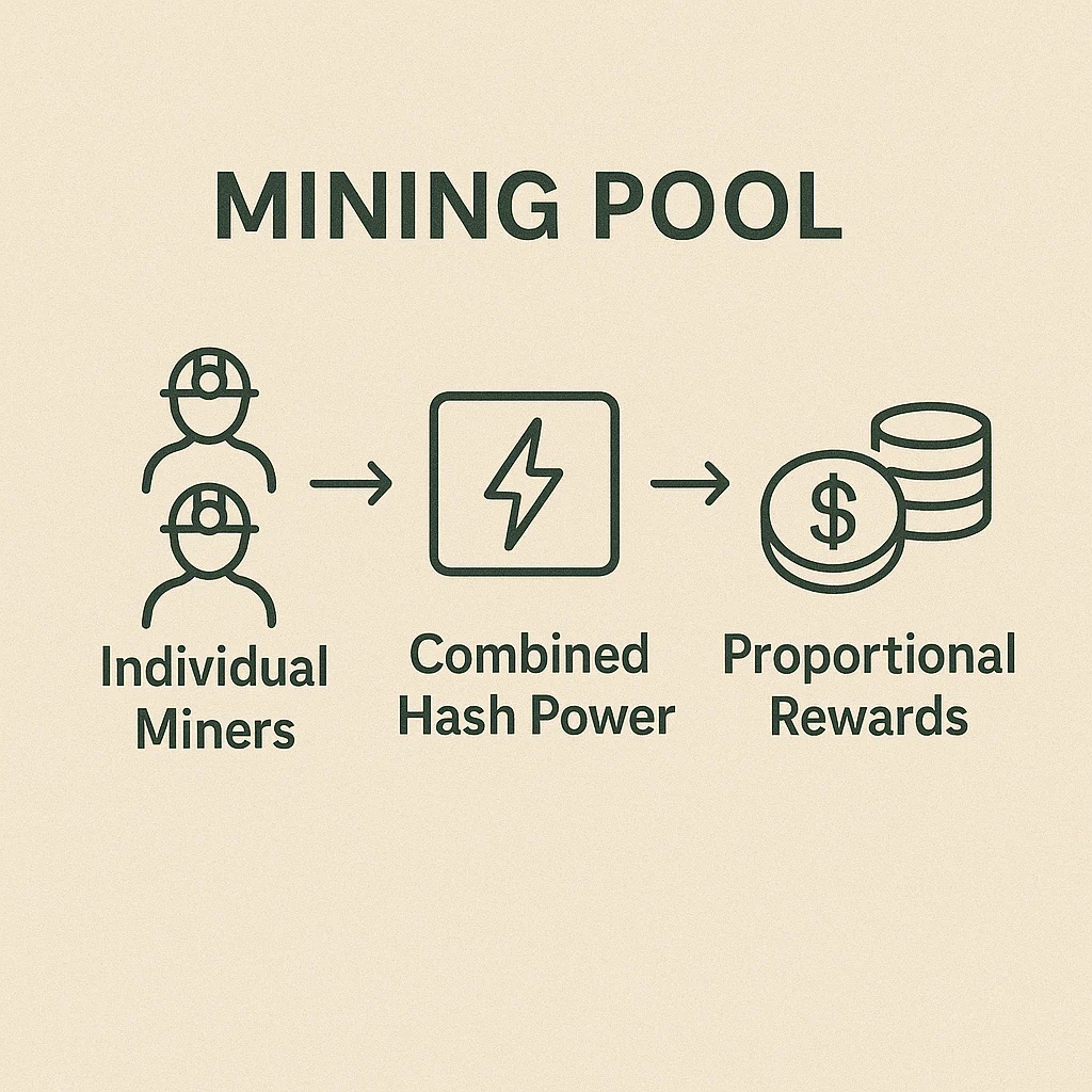 Infographic showing mining pool process from individual miners combining hash power to proportional reward distribution
