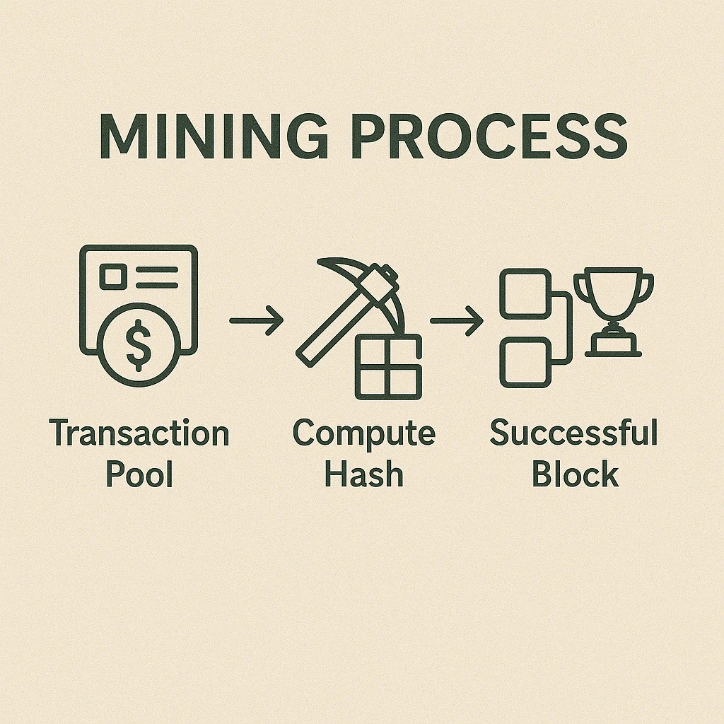 Infographic showing the mining process from transaction pool to hash computation and successful block creation with reward