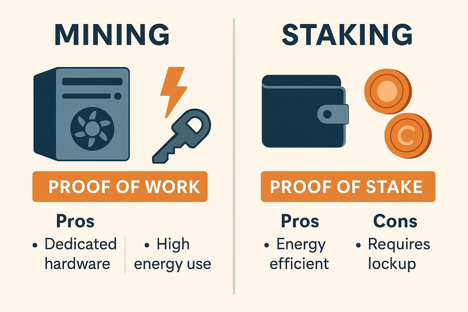 Side-by-side infographic comparing cryptocurrency mining and staking setups with pros and cons