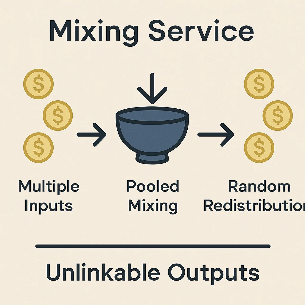 Infographic showing cryptocurrency mixing service with multiple inputs, pooled mixing, random redistribution, and unlinkable outputs
