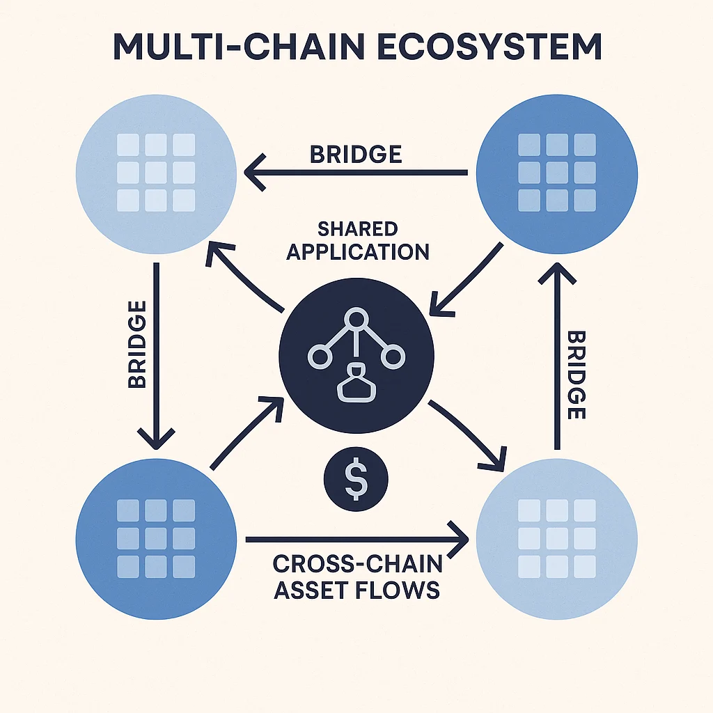 Infographic showing multi-chain ecosystem with interconnected blockchain networks, bridges, shared applications, and cross-chain asset flows