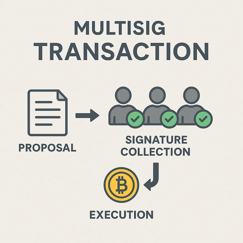 Infographic showing the multisig transaction flow: proposal, multiple signatures collected, and automatic execution
