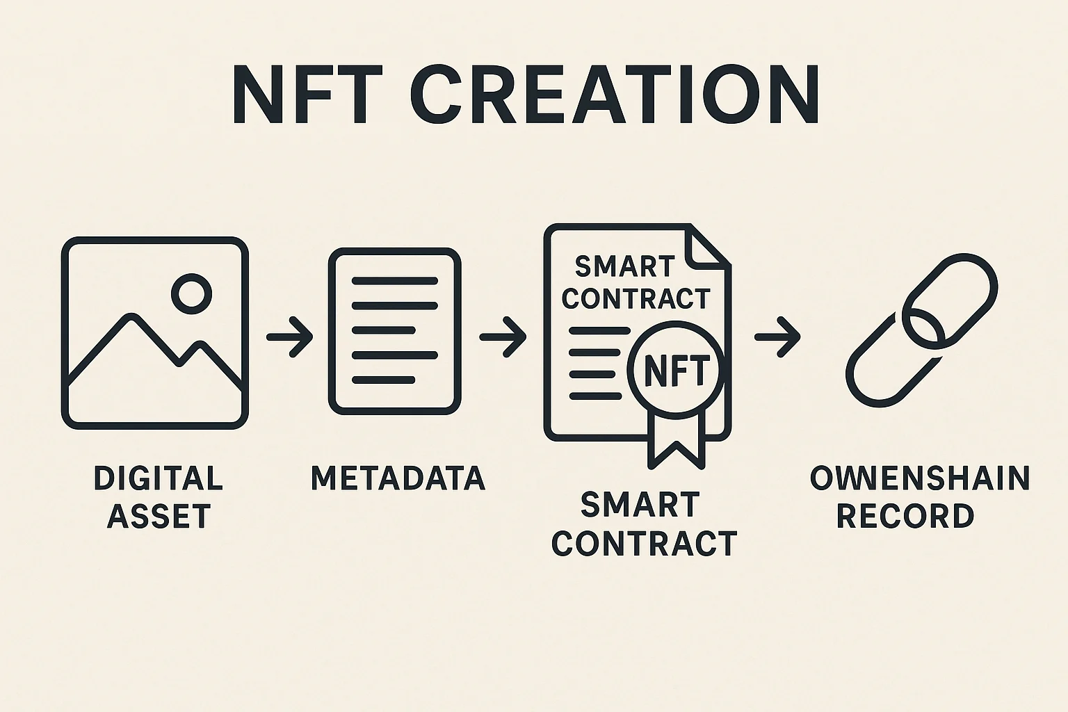 Infographic showing the NFT creation process: digital asset, metadata, smart contract minting, and blockchain ownership record