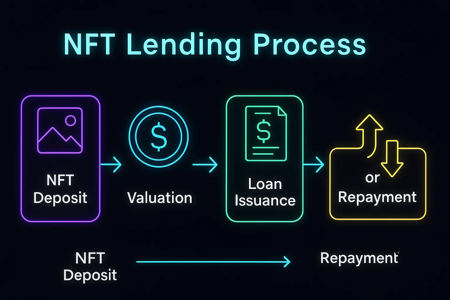 NFT lending process showing NFT deposit, valuation, loan issuance, and either repayment or liquidation pathway